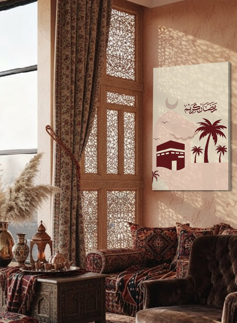 لوحة كانفاس على إطار خشبي بتصميم رمضان كريم مع هلال رمضان والكعبة المشرفة - Image 2